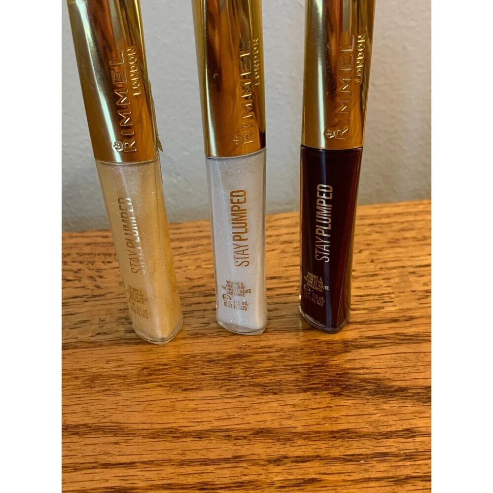 (3) RIMMEL Plumped Lip Gloss 841 Bittersweet Plum 800 Diamond Pop 801 Angel Shim